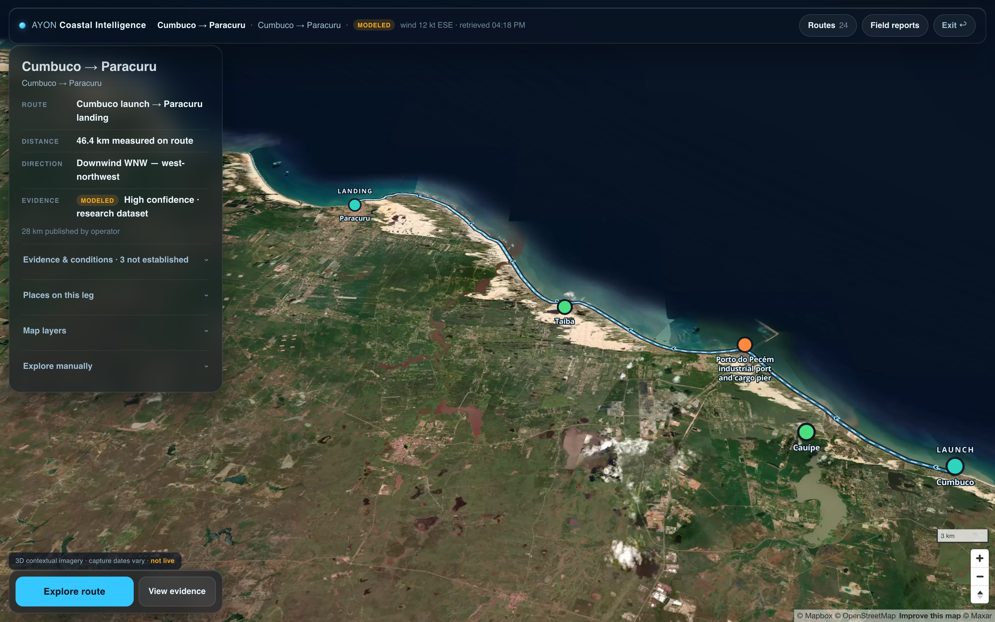 The live AYON Coastal Intelligence tool showing the Cumbuco to Paracuru downwind corridor on 3D satellite imagery, with the route briefing panel, evidence badges and launch and landing markers.