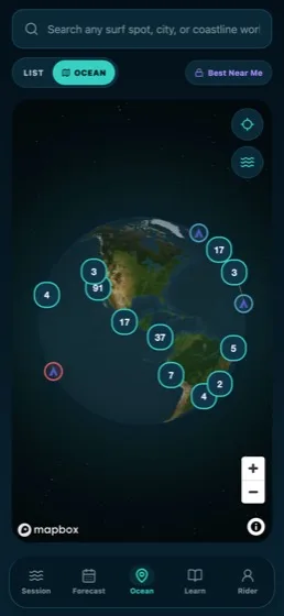AYON Wave globe view with clustered surf spots and worldwide spot search