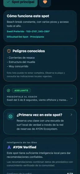 App AYON Wave mostrando el ADN de un beach break: swell preferido, dificultad y peligros conocidos