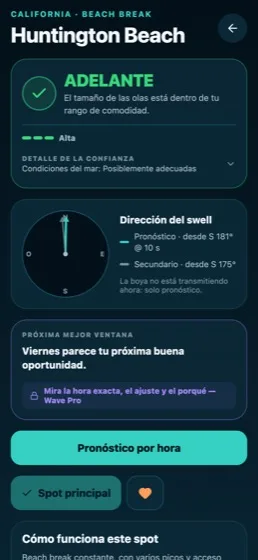 App de pronóstico de surf AYON Wave mostrando ADELANTE en Huntington Beach, con dirección del swell y la próxima ventana
