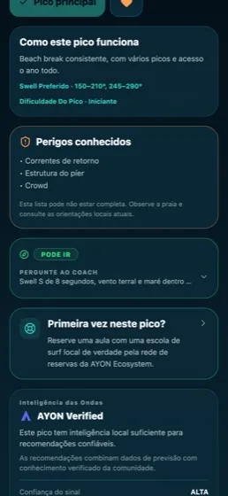App AYON Wave mostrando o DNA de um beach break: swell preferido, dificuldade e perigos conhecidos