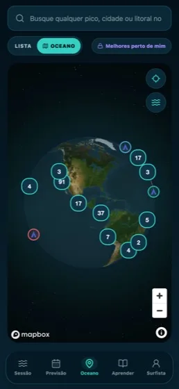 Globo do AYON Wave com picos de surf agrupados e busca mundial de picos
