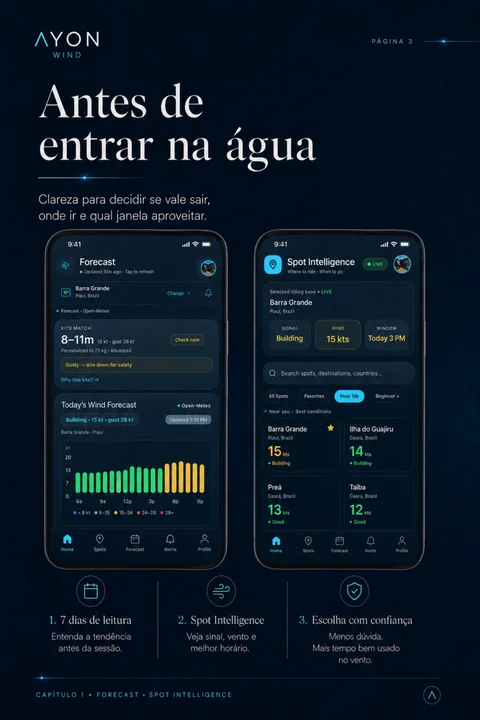 Telas do app — Forecast de 7 dias e Spot Intelligence com sinal, vento e melhor horário