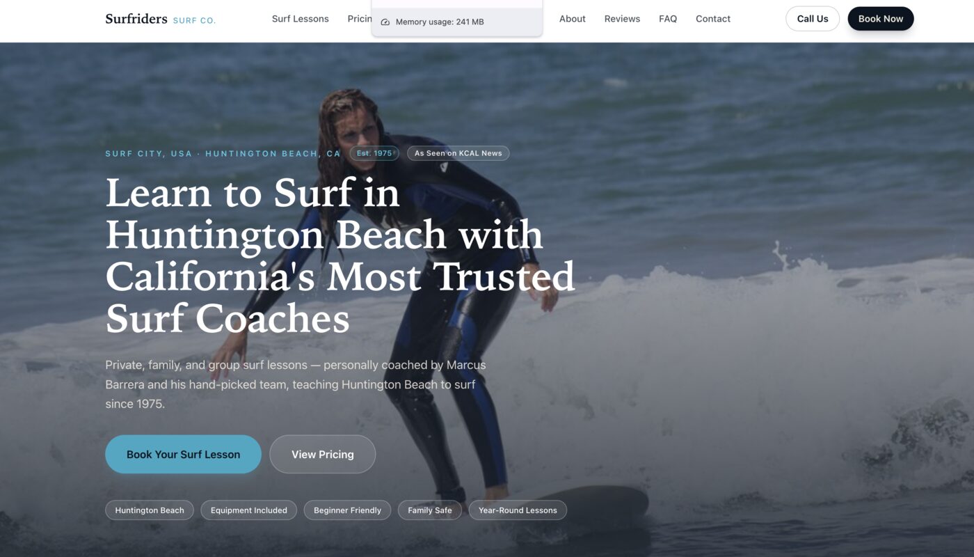 Surfriders Academy website — surf lessons in Huntington Beach with booking and pricing system